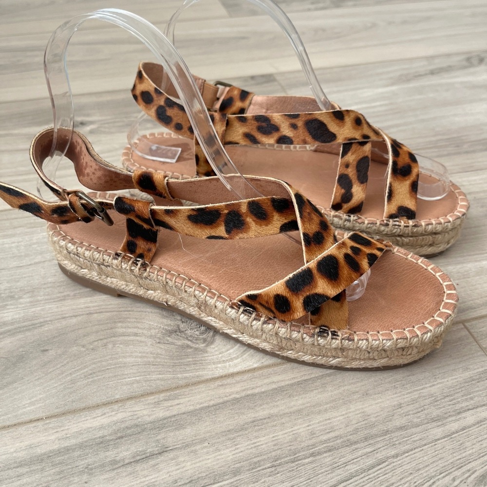 Madewell AM199 Leopard Calf Hair Espadrille Sandals Brown 8 Platform Strappy